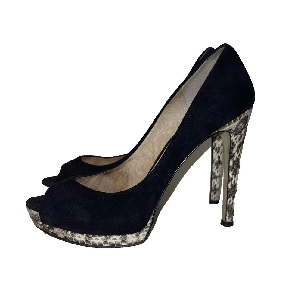 Joan & David Black Suede Platform‎ Peep Toe Python High Heel Size 8.5M
